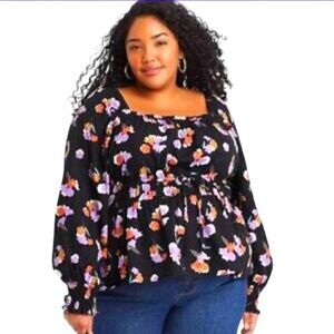 EC AVA & VIV SQUARE NECK LONG SLEEVE DRAWSTRING WAIST FLORAL BLOUSE SZ.3X